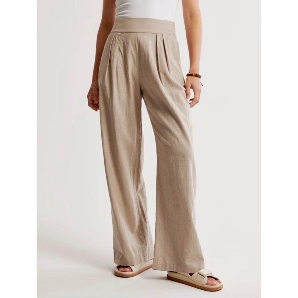 Abercrombie NWT Linen Blend Wide Leg Pants in Beige Tan Size Small Long